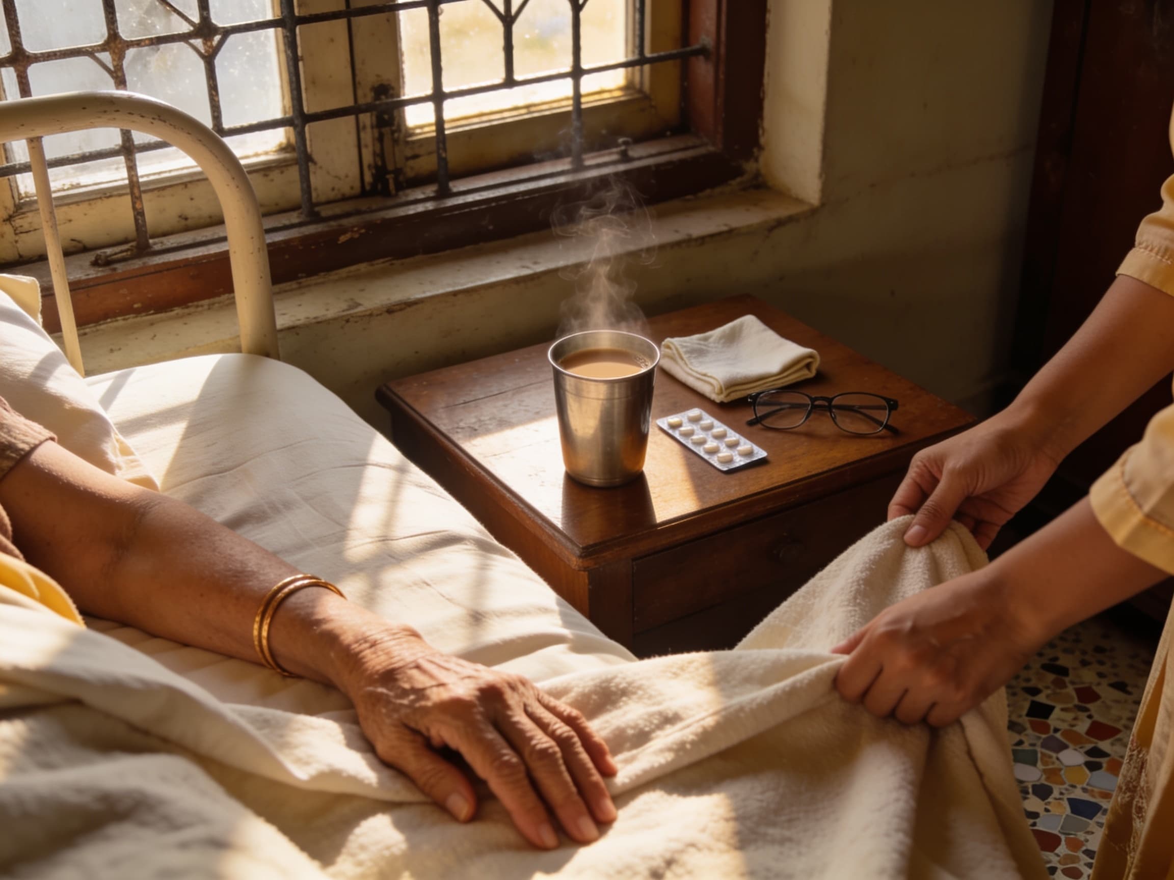 A quiet, sunlit Mumbai home — tea by the bedside